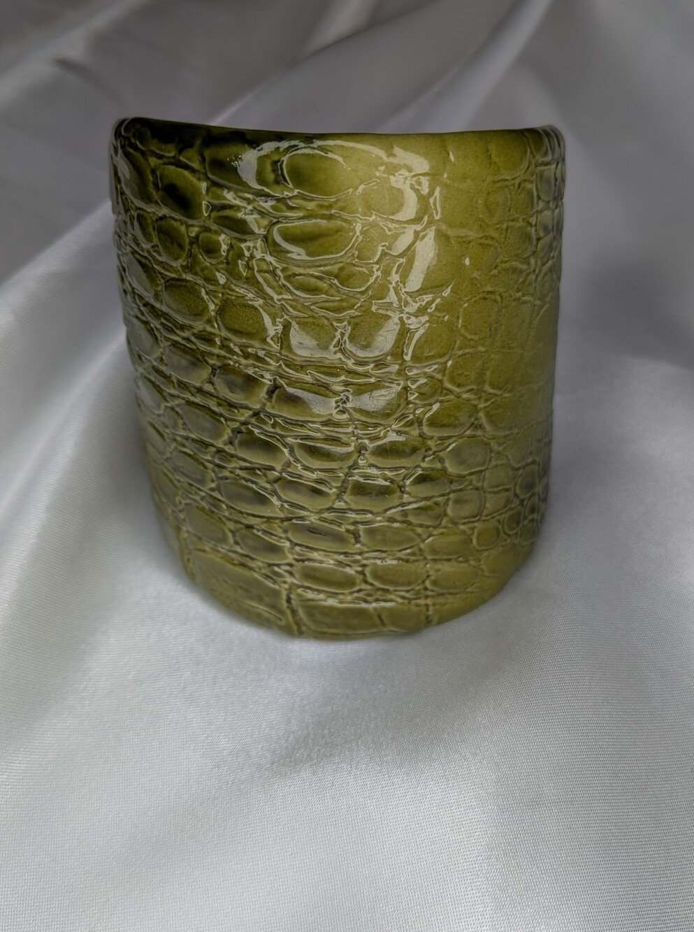 Chunky Olive Green Faux Alligator Embossed Statement Cuff Bracelet